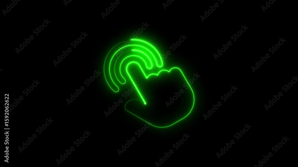 Poster animated green neon click gesture isolated on black background in loop