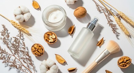 Natural skincare products arranged with organic elements and makeup brush on white background