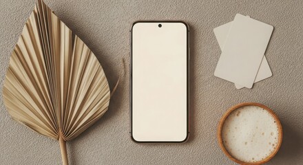 Modern flat lay with a smartphone dried palm leaf and coffee on a textured neutral background