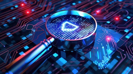 Magnifying glass over a glowing circuit board with a play button design in the center of the glass