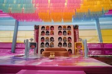 Colorful Seating Arrangement for Haldi Ceremony with Draped Chairs and Traditional Sofas 