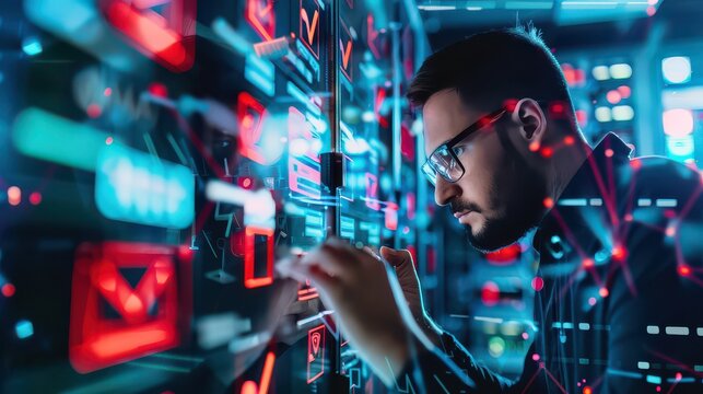 Man with glasses interacts with a futuristic interface displaying digital data and icons glowingly