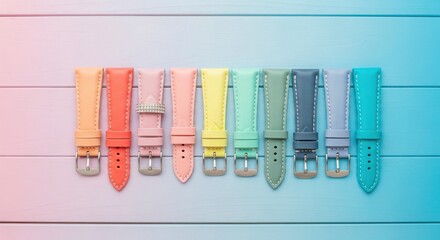 A vibrant collection of colorful watch straps arranged in a rainbow gradient on a wooden surface