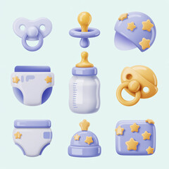 3D Baby Care Essentials Icon Set