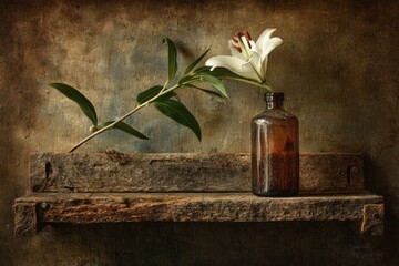Still life lily and bottle on rustic shelf