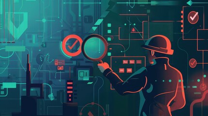 Man with magnifying glass inspecting a complex digital interface with checkmarks and other icons