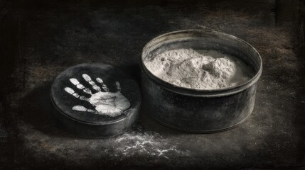 Dark, dusty tin of powder with handprint