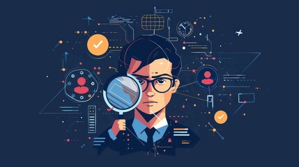 A man in a suit holding a magnifying glass with data visualizations in the background on a dark blue background