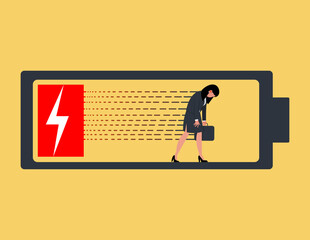 Exhaustion  with low battery. Fatigued businesswoman feeling burnout and energy depletion in the workplace