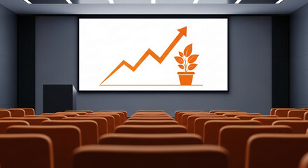 Large screen displays upward orange graph and potted plant, symbolizing growth and success in a conference room setting, showcasing business presentation mockup