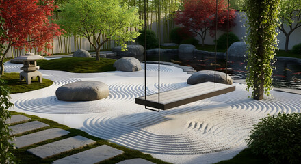 Serene Outdoor Garden with Water and Sand Patterns