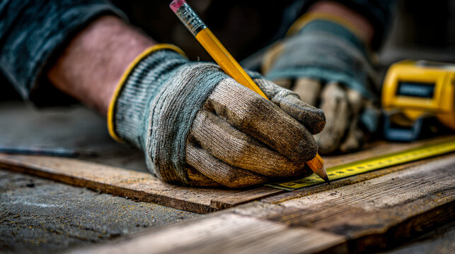 Skilled craftsman measuring and marking wood for construction or woodworking project