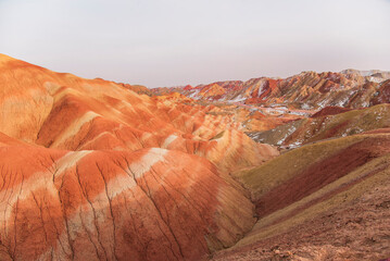 Colorful Danxia Landform At Zhangye National Geopark Under Clear Sky panorama