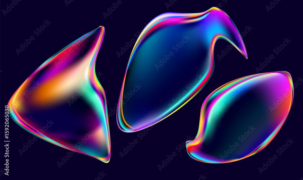 Poster set of iridescent fluid shapes and bubbles. collection of colorful vector design elements.