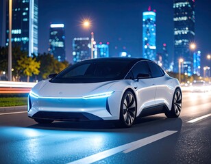 Futuristic white electric car on city street at night