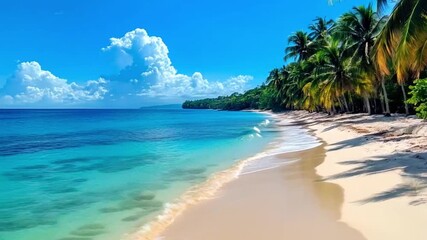 Tropical beach scene with golden sand, turquoise water, and lush palm trees under a bright blue sky, creating a serene and inviting atmosphere for relaxation and escape