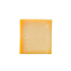 Square piece of gouda cheese with holes and edges on transparent background