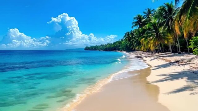 Tropical beach scene with golden sand, turquoise water, and lush palm trees under a bright blue sky, creating a serene and inviting atmosphere for relaxation and escape - Powered by Adobe