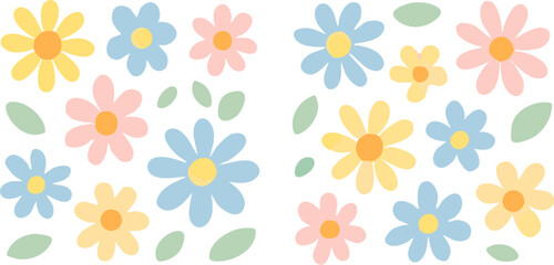 Pastel Daisy Flower Pattern: Delicate stylized daisies in soft blue pink and yellow hues featuring simple rounded petals and bright centers.