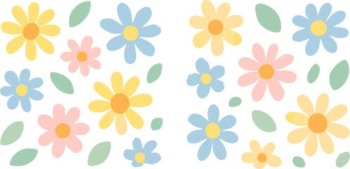 Pastel Floral Pattern with Daisies Leaves and Soft Playful Colors.