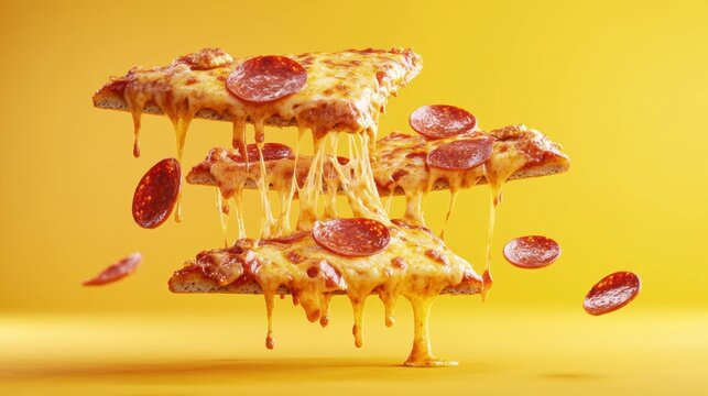 Three slices of pepperoni pizza levitating, cheese dripping, against a yellow background.