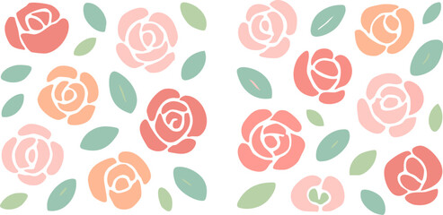 Charming seamless pattern of stylized roses in pastel pink coral and peach with simple green leaves.