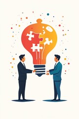 Two businessmen connect puzzle pieces, symbolizing collaboration and idea synergy.