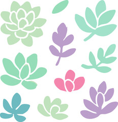 Pastel Succulents and Leaves Vector Illustration.