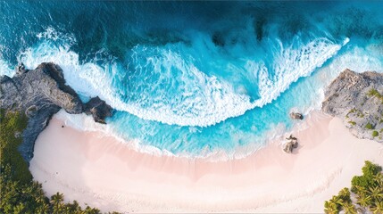 Fototapeta premium Turquoise Ocean Waves Crashing on White Sand Beach, Vibrant Coastal Scene for Travel Marketing & Nature Wallpaper