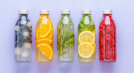 Five glass bottles filled with refreshing infused water and fresh fruits and herbs
