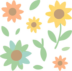Pastel Colored Floral Pattern with Simple Sunflower and Daisy Designs.