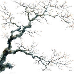 Winter Branch Art: A serene, minimalist illustration of a bare tree branch gracefully extending, offering a sense of peace and the beauty of nature's dormancy, evoking tranquility.