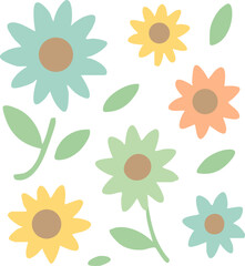 Charming collection of stylized pastel flowers and leaves in a simple flat design.