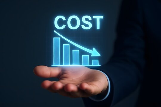 Businessman holding a holographic graph showing decreasing costs