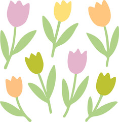 Colorful Tulip Flowers Illustration with Pastel Shades and Simple Design.