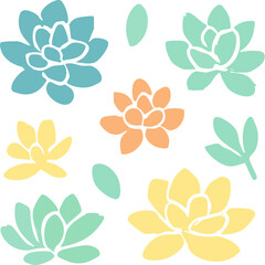 A colorful set of stylized succulent illustrations with a hand-drawn block print texture in soft pastel colors.