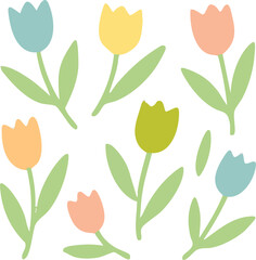 Collection of Stylized Tulips in Pastel Colors with Green Stems and Leaves.