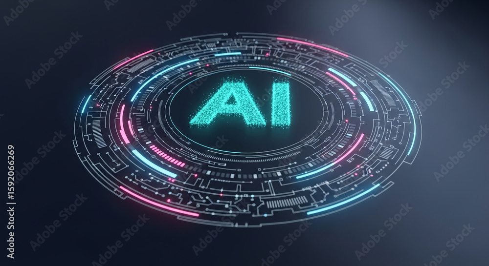 Poster ai symbol formed by glowing particles within a circular technological circuit design, representing a