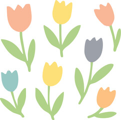 Charming set of hand-drawn pastel tulips in a simple naive style Features peach yellow and blue flowers with green stems and leaves.