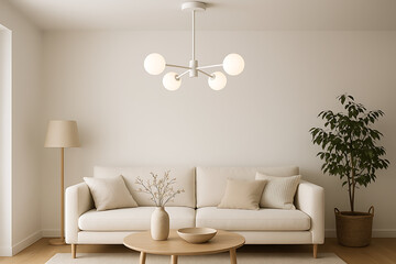 minimalist decor, lamp, lighting. Minimalist beige living room with a modern sofa, round wooden coffee table, floor lamp, ceiling light fixture, and a potted plant for a cozy, natural ambiance.