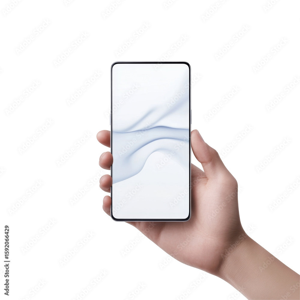 Poster hand holding modern smartphone with large screen displayed in vertical position for easy viewing
