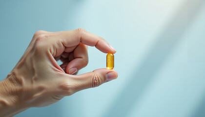 Pale hand holding a vitamin D supplement capsule against blue background  