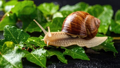 Close-up of a snail on wet leaves