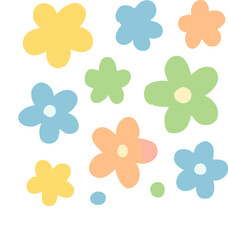 A charming collection of hand-drawn pastel flowers in a simple naive art style with rounded petals.
