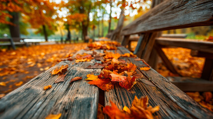 Autumn leaves scattered on a weathered park bench in a colorful forest