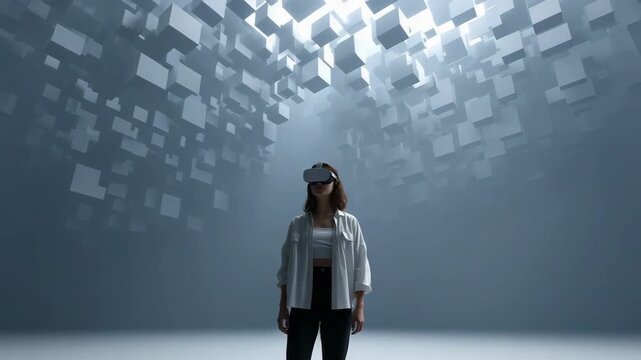 A woman wearing a white jacket stands in front of a wall of squares. She is wearing a virtual reality headset