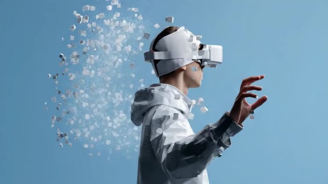 A man in a white jacket is wearing a virtual reality headset and appears to be in a virtual world