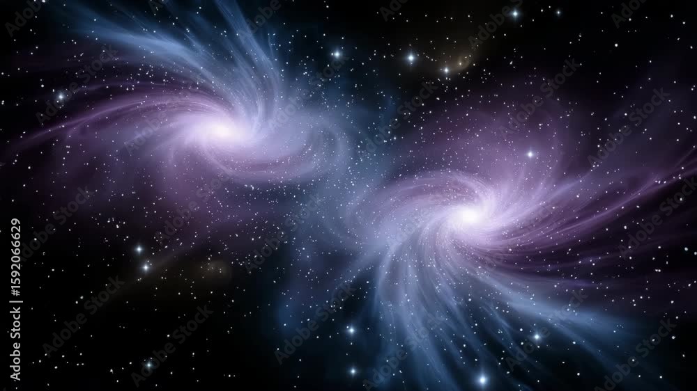 Poster two spiral galaxies are shown in the image, with a dark background. the galaxies are surrounded by a