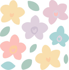 Pastel-Colored Stylized Flower Collection: Six Simple Six-Petaled Blooms with Central Details.