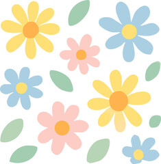 Pastel Floral Pattern with Daisies and Leaves.